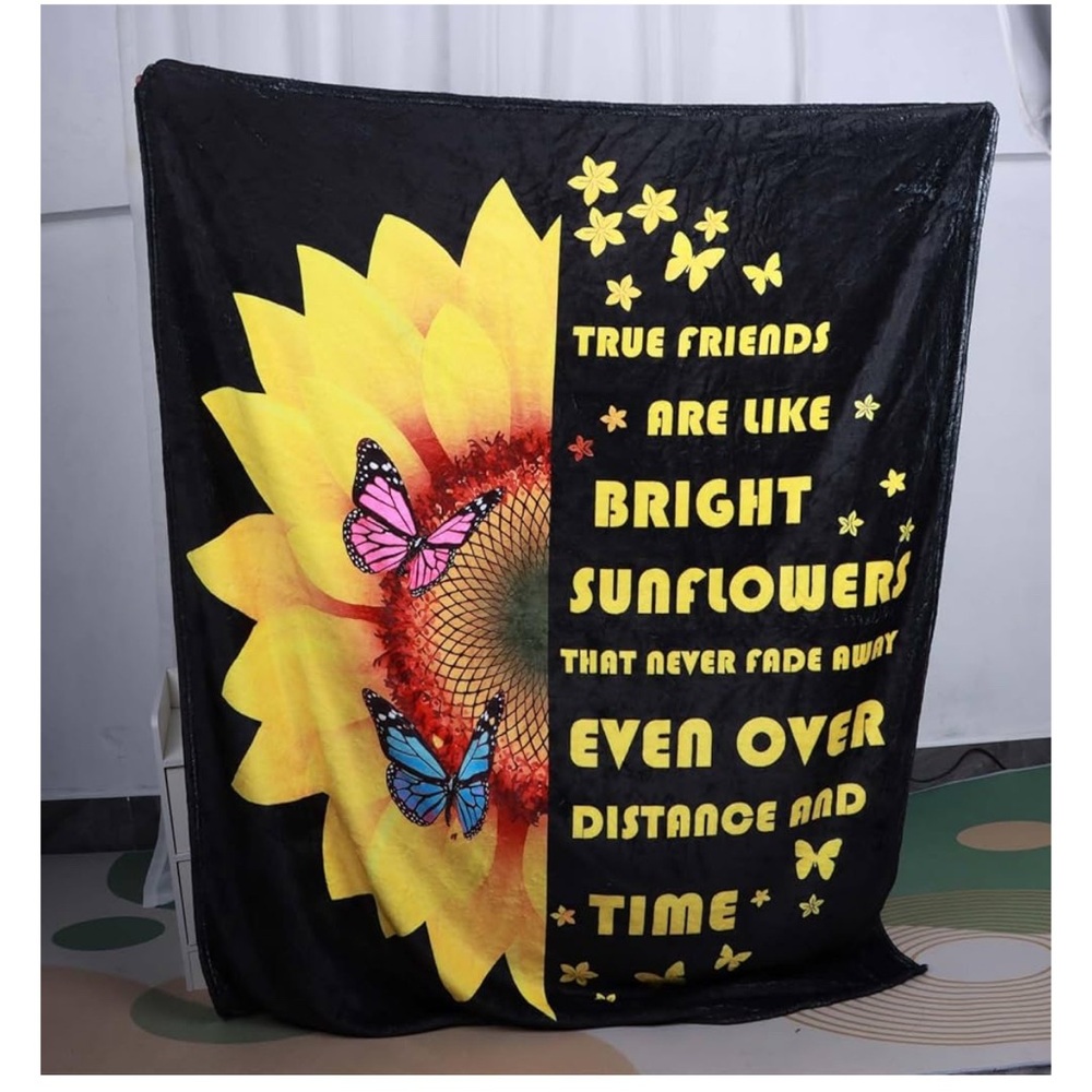 Friendship Sunflower and Butterfly Black Throw Blanket